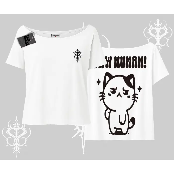Sevimli Kedi Çizimli Arka Baskılı Kayık Yaka Tshirt