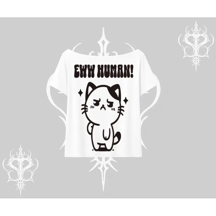 Sevimli Kedi Çizimli Arka Baskılı Kayık Yaka Tshirt