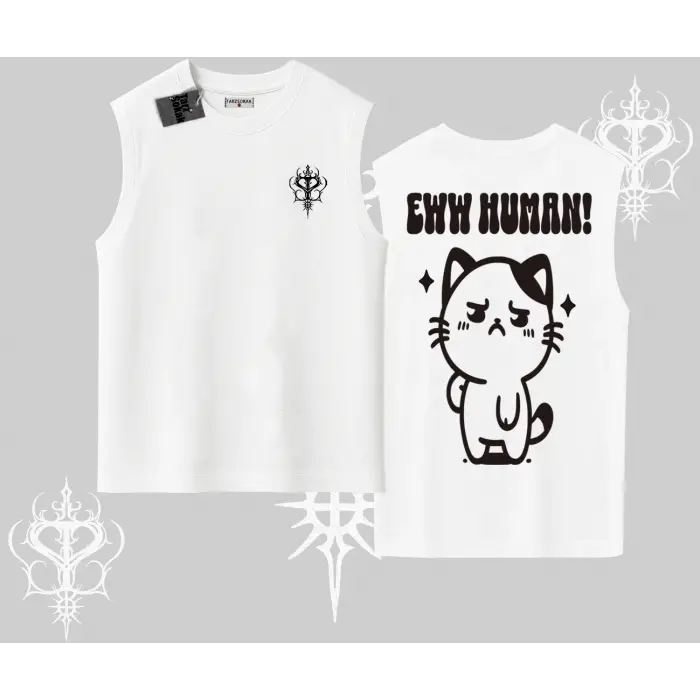 Sevimli Kedi Çizimli Arka Baskılı Kolsuz Tshirt