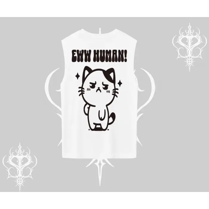 Sevimli Kedi Çizimli Arka Baskılı Kolsuz Tshirt