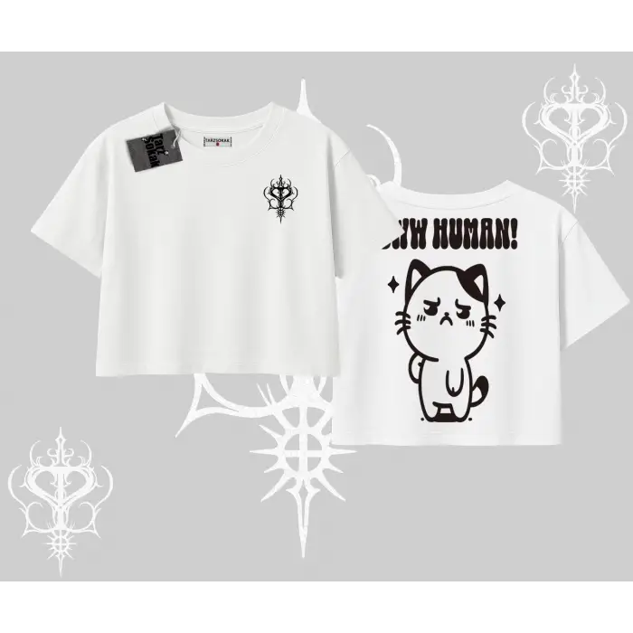 Sevimli Kedi Çizimli Arka Baskılı Oversize Crop Tshirt