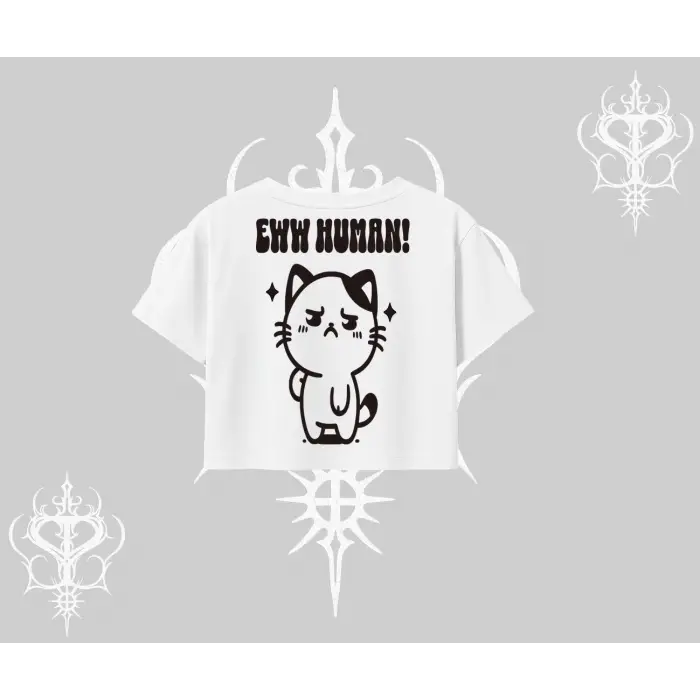 Sevimli Kedi Çizimli Arka Baskılı Oversize Crop Tshirt