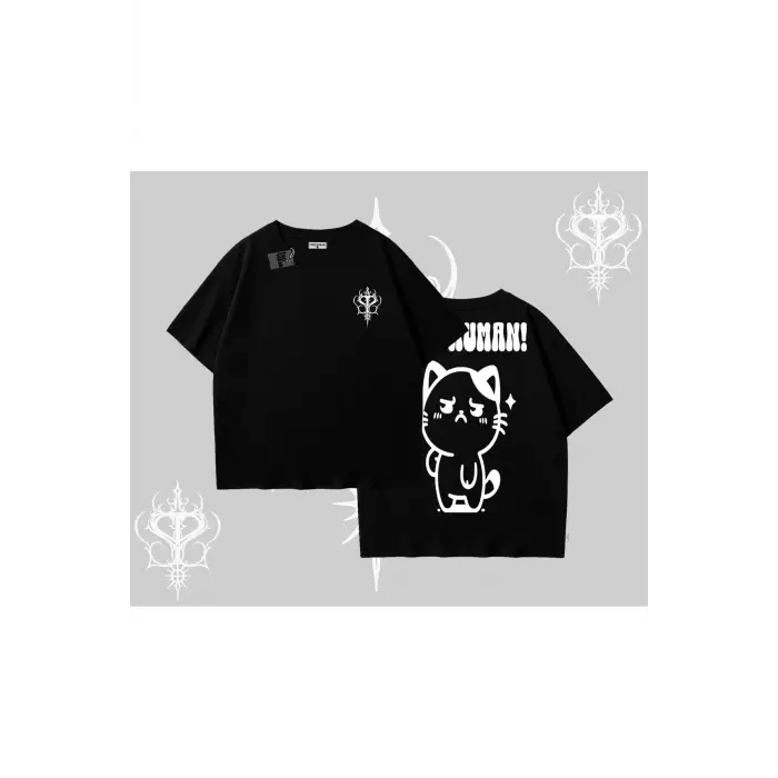 Sevimli Kedi Çizimli Arka Baskılı Oversize Tshirt