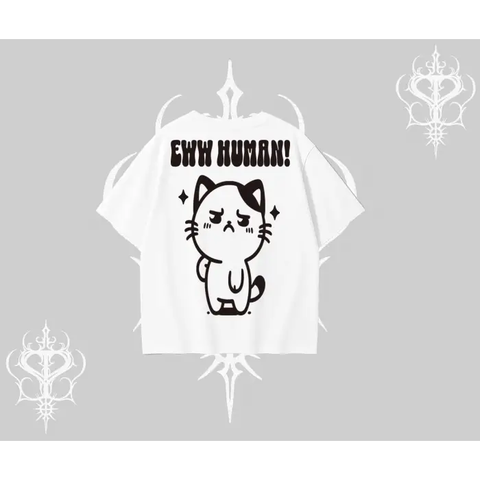 Sevimli Kedi Çizimli Arka Baskılı Oversize Tshirt