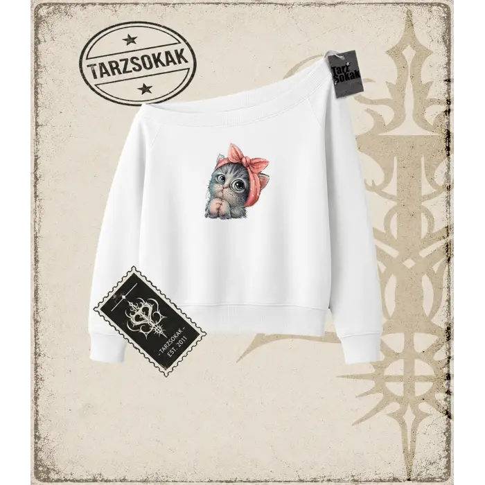Sevimli Minik Kedi Kadın Kayık Yaka Sweatshirt