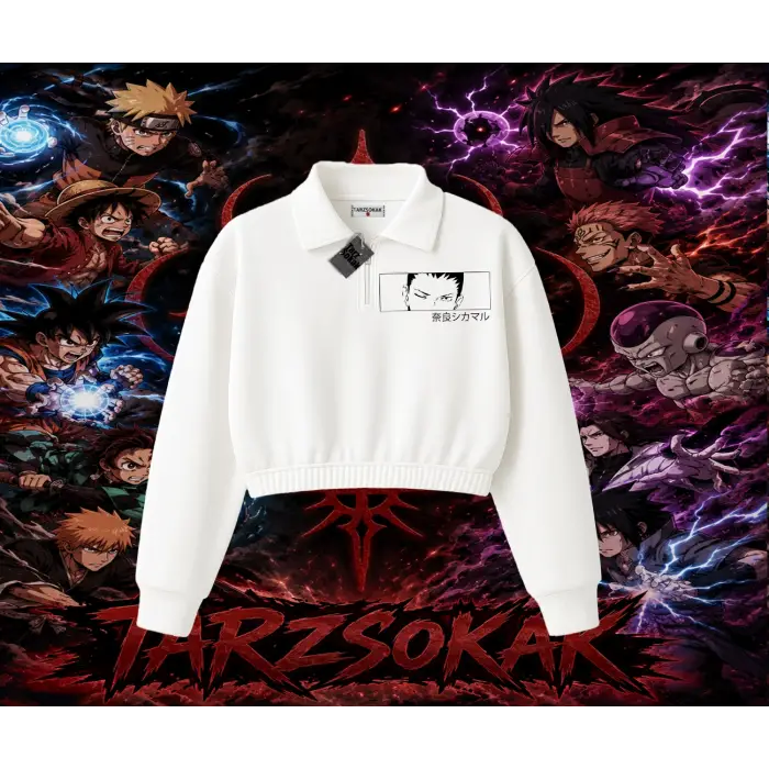 Shikamaru Nara Naruto Anime Karakter Kadın Crop Polo Yaka Yarım Fermuarlı Sweatshirt Beyaz