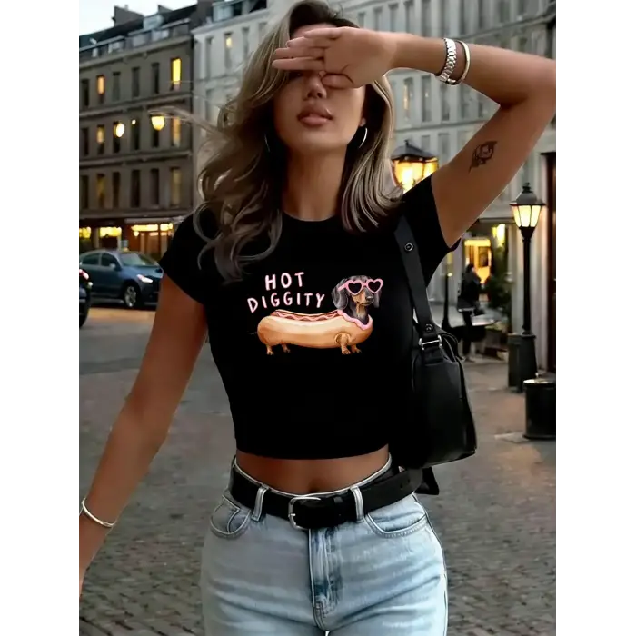 Sıcak Diggity Dachshund Köpek Baskı Kadın Kırpma T-Shirt Yaz Yumuşak Yüksek Elastik Üstler Se