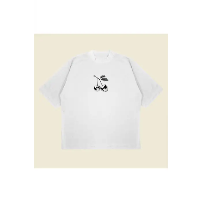 Silver Cherry Baskılı Oversize Unisex Pamuklu Nefes Alan Kalın Kumaşlı