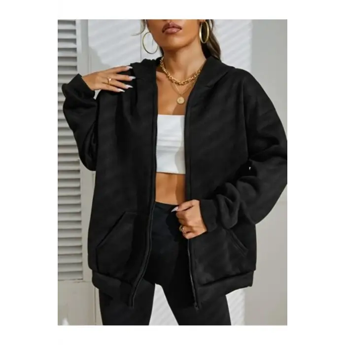 Siyah 2 ip Örme Kumaş Kapüşonlu Fermuarlı Sweatshirt