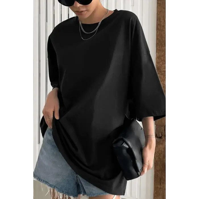Siyah Basic Düz Baskısız Oversize Salas Boyfriend Kadın