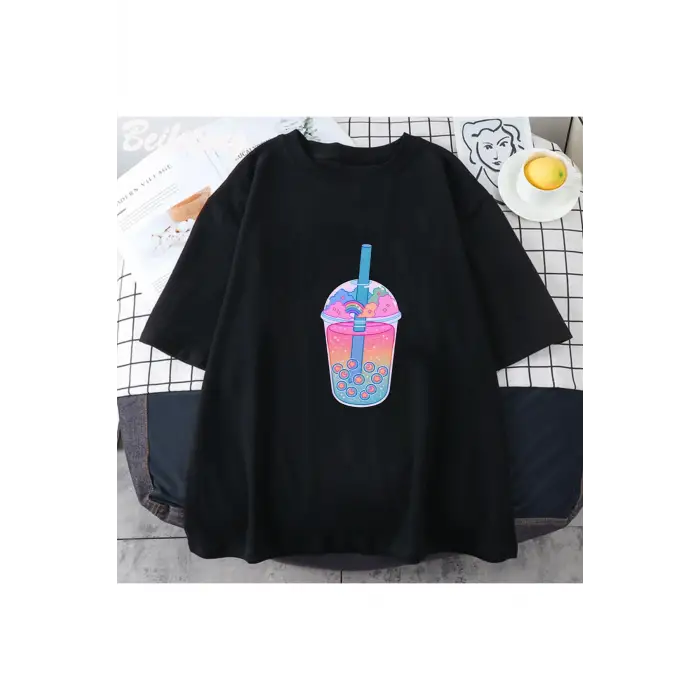 Siyah Boba çayı baskı Harajuku siyah
