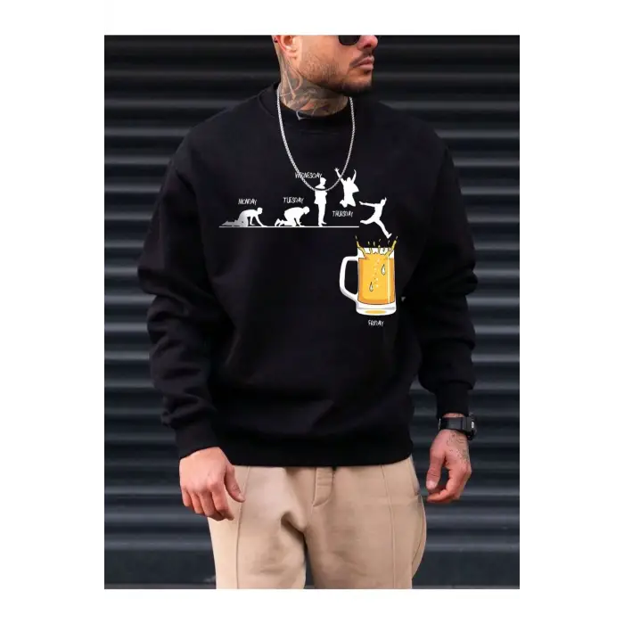 Siyah Friday Bira Baskılı Oversize Kapuşonlu Erkek Sweatshirt bsgfridaybiraswea