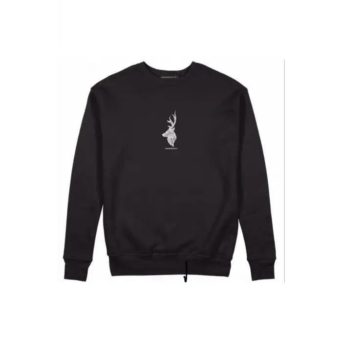 Siyah Geyik Baskılı 0 Yaka Pamuklu Unisex Sweatshirt