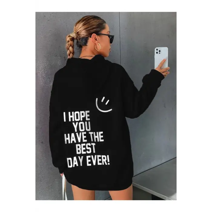 Siyah Happy Baskılı Oversize Kapüşonlu Sweatshirt
