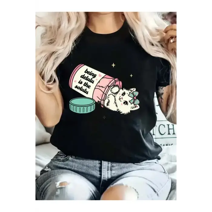 Siyah Harajuku Tarzı yaz i Sevimli Kedi Baskı Desen Tee