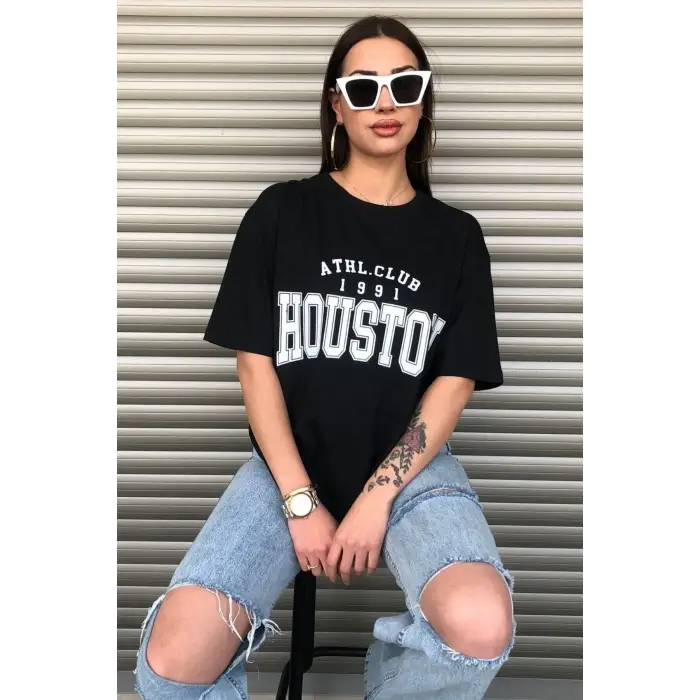 Siyah Houston Baskılı Oversize Kadın