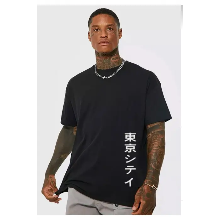 Siyah Japannes Baskı Pamuklu Oversize Tshirt