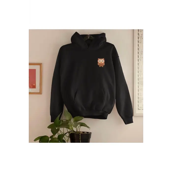 Siyah Kapşonlu Baykuş Baskılı Pamuklu Oversıze Sweatshirt