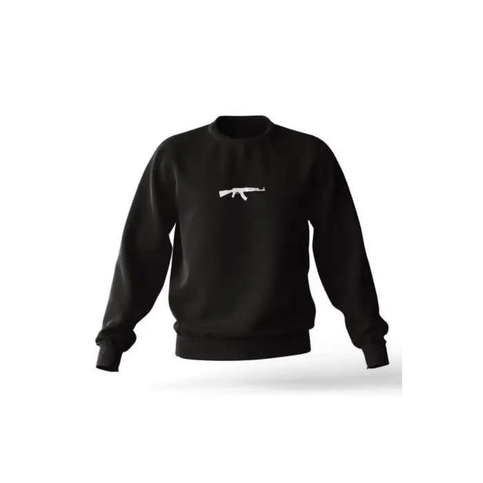 Siyah Kapşonsuz 0 Yaka Ak-47 Baskılı Pamuklu Unısex Oversıze Sweatshirt