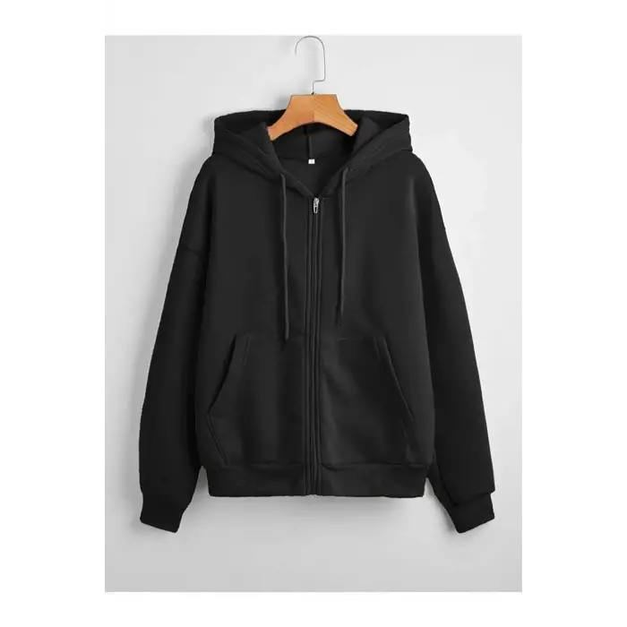 Siyah Kapüşonlu Fermuarlı Sweatshirt