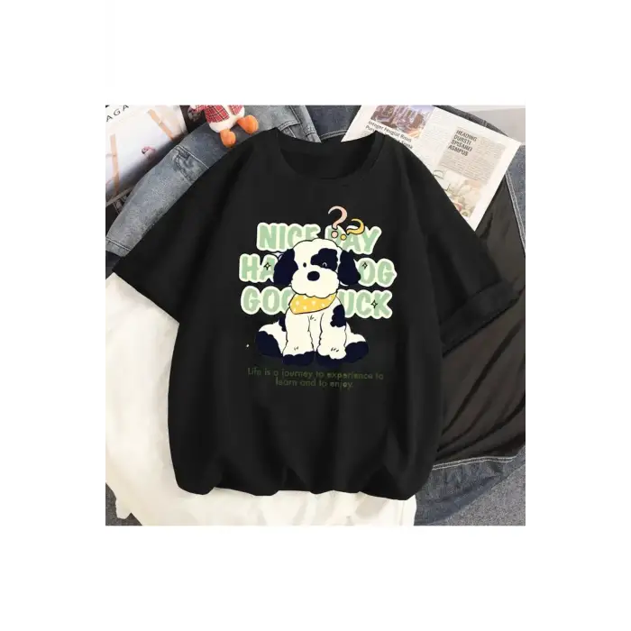 Siyah Karikatür i Sevimli Kedi Grafik Tee Köpek Baskı