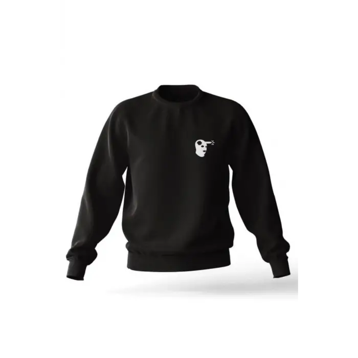 Sıyah Karpşonsuz 0 Yaka Pamuklu Oversıze Baskılı Sweatshirt Siyah