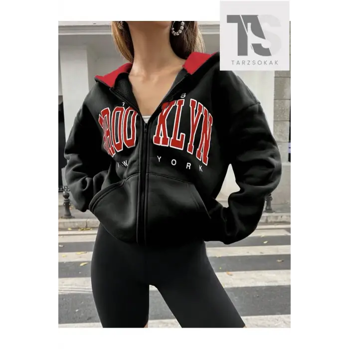 Siyah Kırmızı Kapüşonlu Fermuarli Brooklyn Oversize