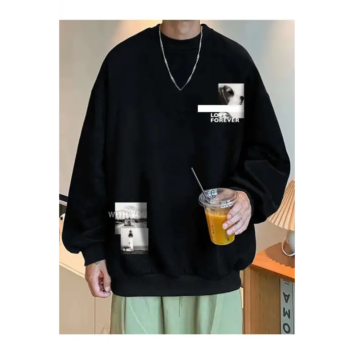 Siyah Love Forever Baskılı Oversize Bisiklet Yaka Sweatshirt