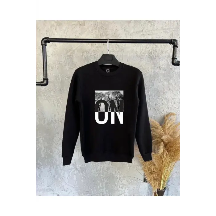 Siyah Oversize Baskılı Kapşonsuz 0 Yaka Pamuklu Unisex Sweatshirt