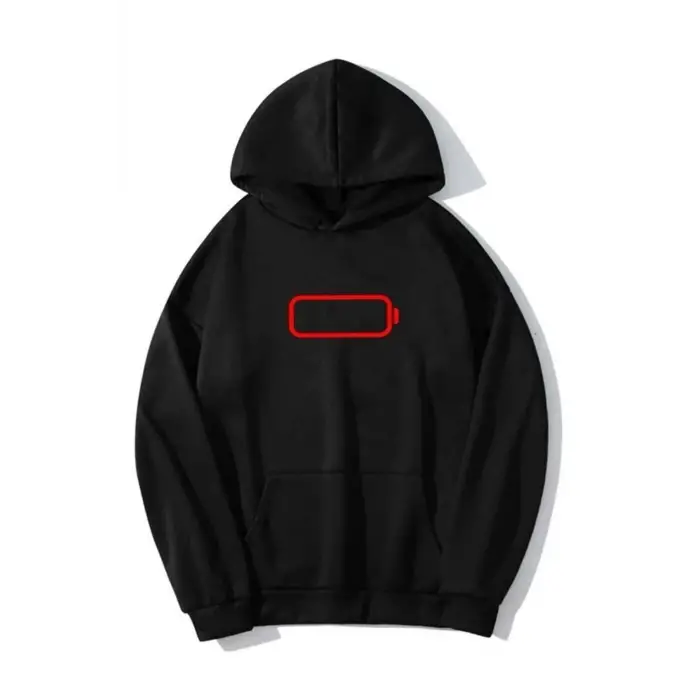 Siyah Oversize Baskılı Pamuklu Kapşonlu Kanguru Cepli Unisex Sweatshirt