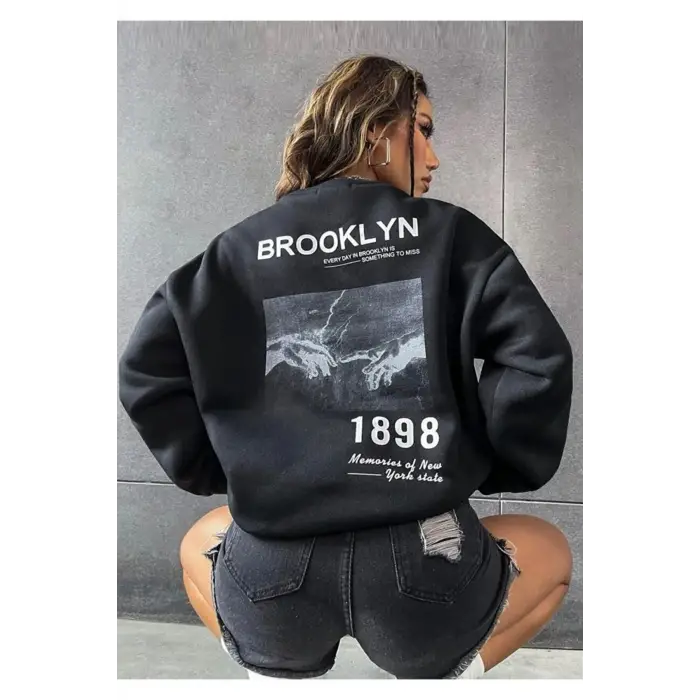 Siyah Oversize Brooklyn 1898 Baskılı Bisiklet Yaka Kapşonsuz Pamuklu Sweatshirt