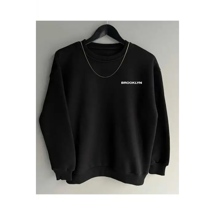 Siyah Oversize Brooklyn Baskılı Pamuklu Kapşonsuz 0 Yaka Unisex Sweatshirt