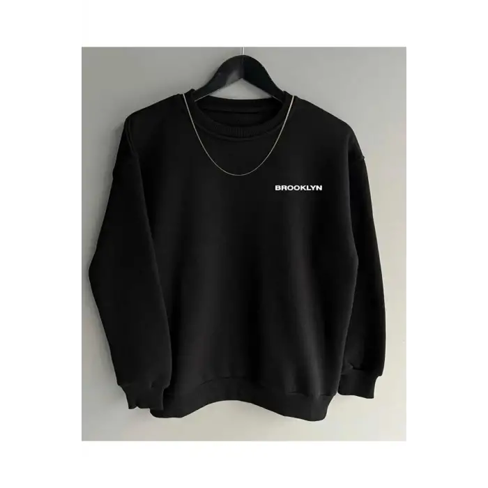 Siyah Oversize Brooklyn Baskılı Pamuklu Kapşonsuz 0 Yaka Unisex Sweatshirt