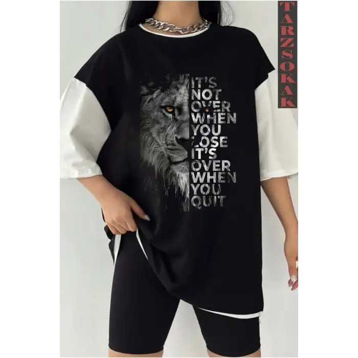Siyah Oversize Çift Renk ASLAN 2 Baskılı Unisex Tshirt