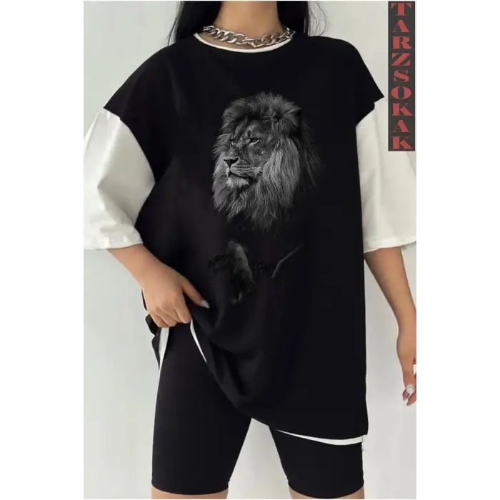 Siyah Oversize Çift Renk ASLAN 3 Baskılı Unisex Tshirt