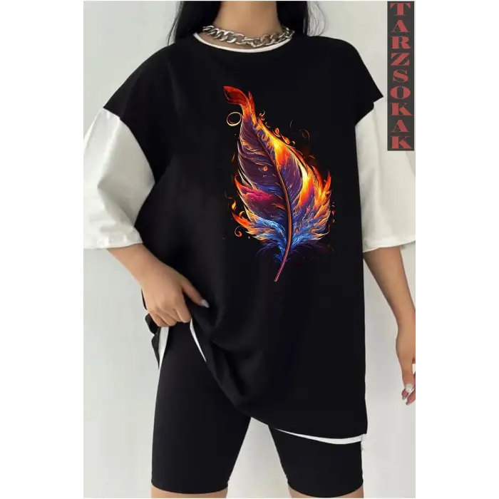 Siyah Oversize Çift Renk ASLAN 4 Baskılı Unisex Tshirt
