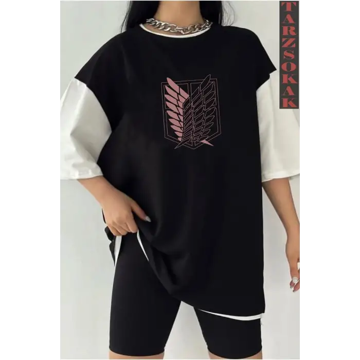 Siyah Oversize Çift Renk ATACK Baskılı Unisex Tshirt