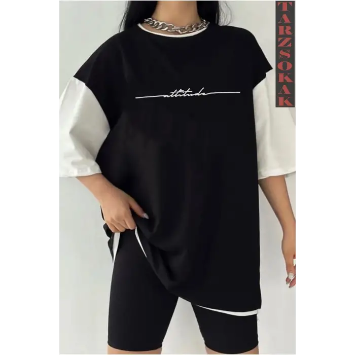 Siyah Oversize Çift Renk ATTİUDE Baskılı Unisex Tshirt