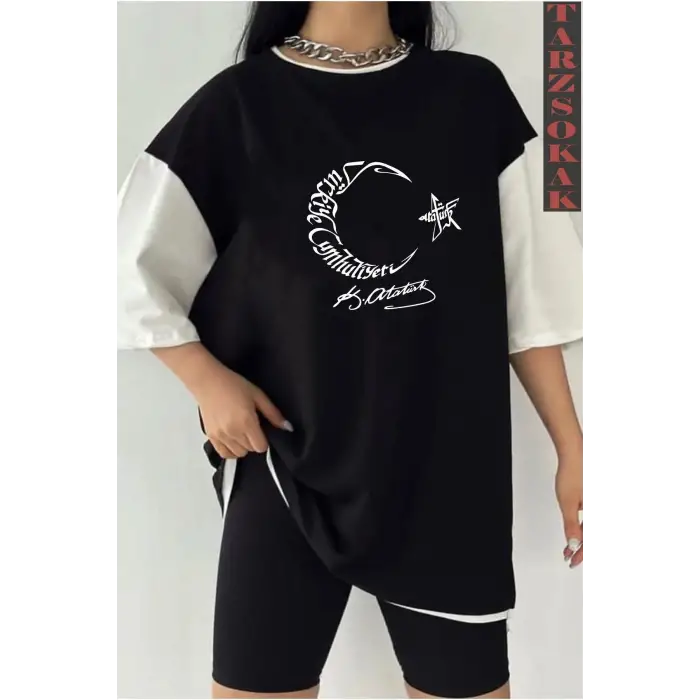 Siyah Oversize Çift Renk AY Baskılı Unisex Tshirt