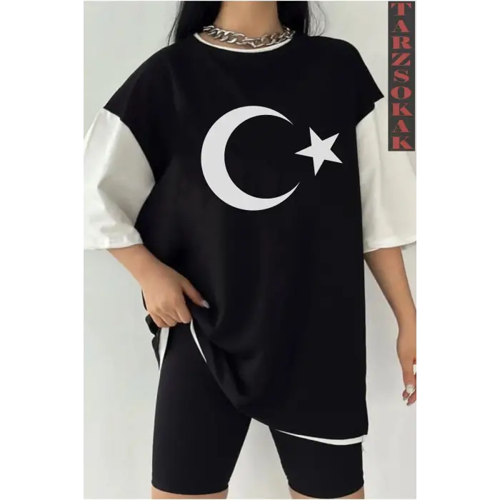 Siyah Oversize Çift Renk AY YILDIZ Baskılı Unisex Tshirt