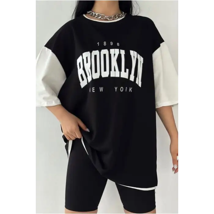 Siyah Oversize Çift Renk Baskılı Unisex Tshirtt