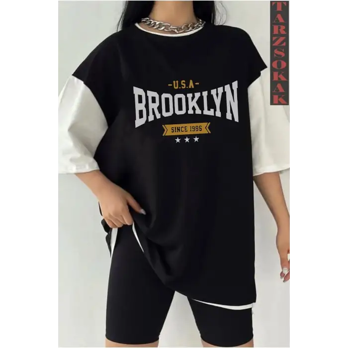 Siyah Oversize Çift Renk BROOKLYN  Baskılı Unisex Tshirt