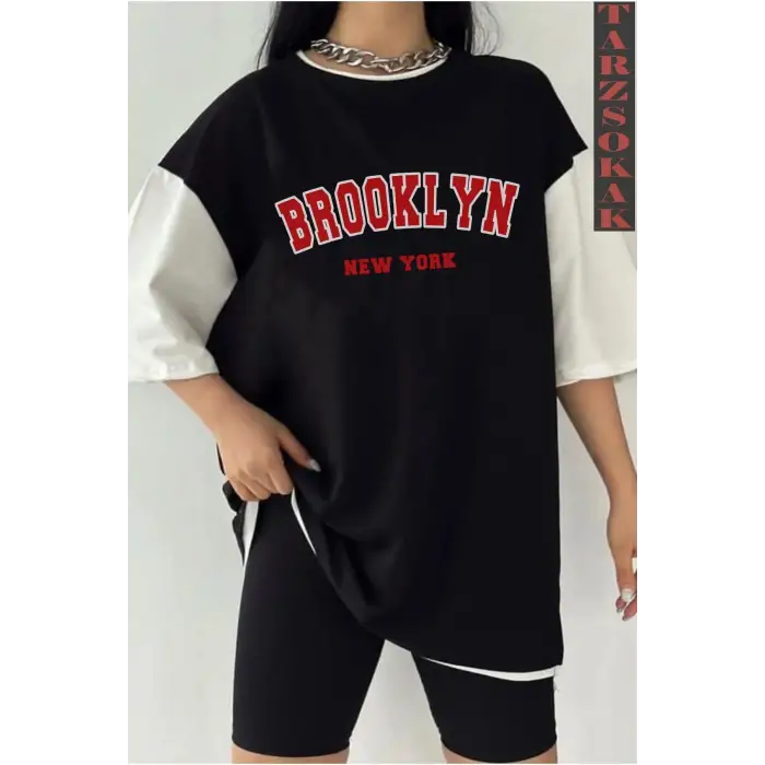 Siyah Oversize Çift Renk BROOKLYN  Baskılı Unisex Tshirt