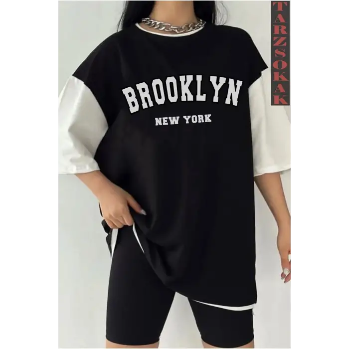 Siyah Oversize Çift Renk BROOKLYN NYC Baskılı Unisex Tshirt