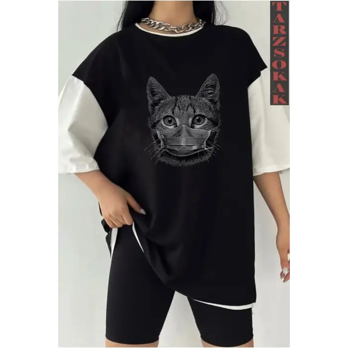Siyah Oversize Çift Renk CAT  Baskılı Unisex Tshirt