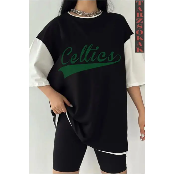 Siyah Oversize Çift Renk CEL  Baskılı Unisex Tshirt