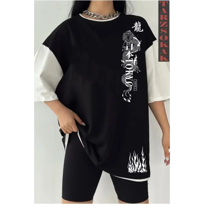 Siyah Oversize Çift Renk DRAGON  Baskılı Unisex Tshirt