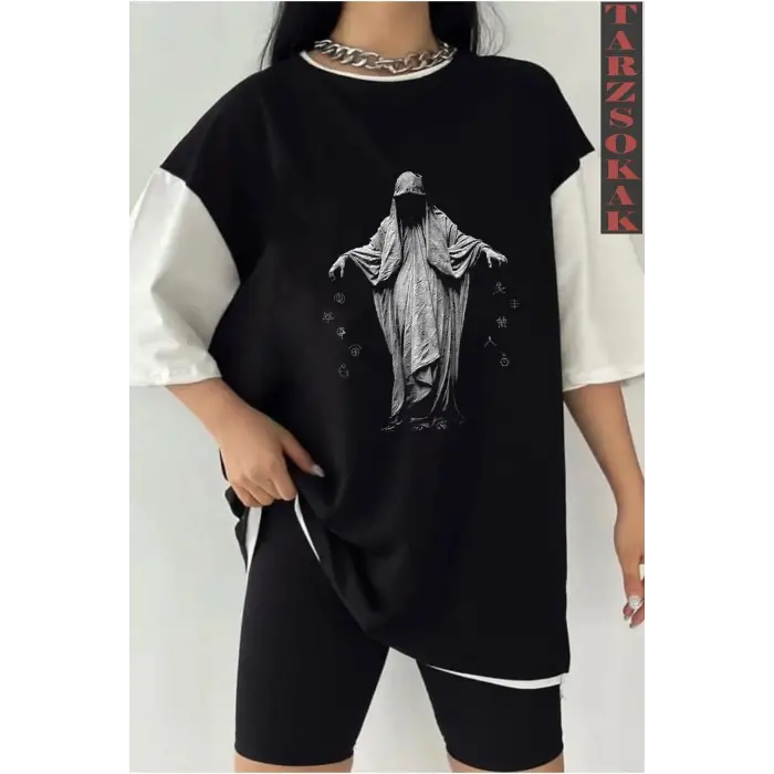 Siyah Oversize Çift Renk DREADLES  Baskılı Unisex Tshirt