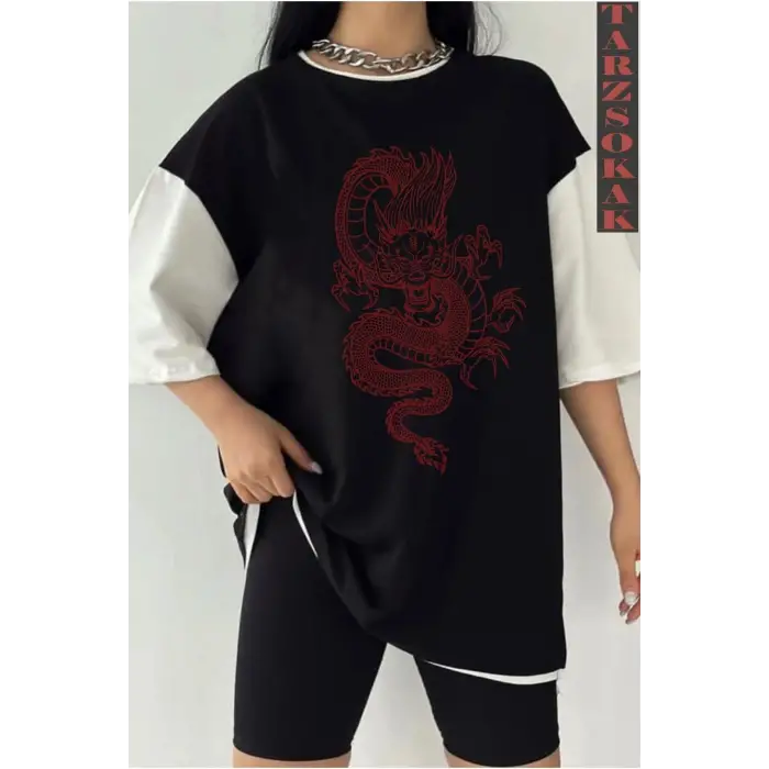 Siyah Oversize Çift Renk EJDERHA  Baskılı Unisex Tshirt