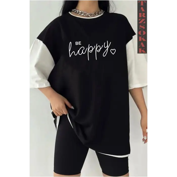 Siyah Oversize Çift Renk HAPPY Baskılı Unisex Tshirt